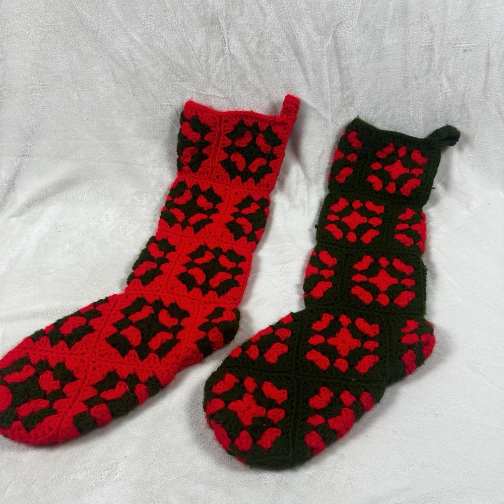 LOT of 2 VINTAGE Handmade CHRISTMAS STOCKINGS  Granny Square Crochet 25 x 6" MCM